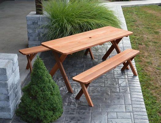 Outdoor Garden Furniture Cross-leg Table With 2 Benches-Specify for FREE 2 Inch Umbrella Hole Made In USA